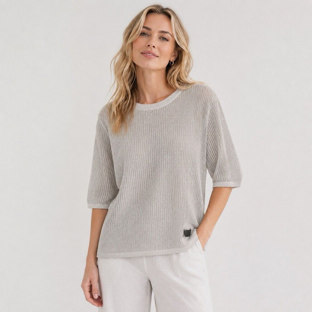 MQ Marqet Sweden Light Gray Open Knit Sheer Scandinavian Crewneck Top Women OS
